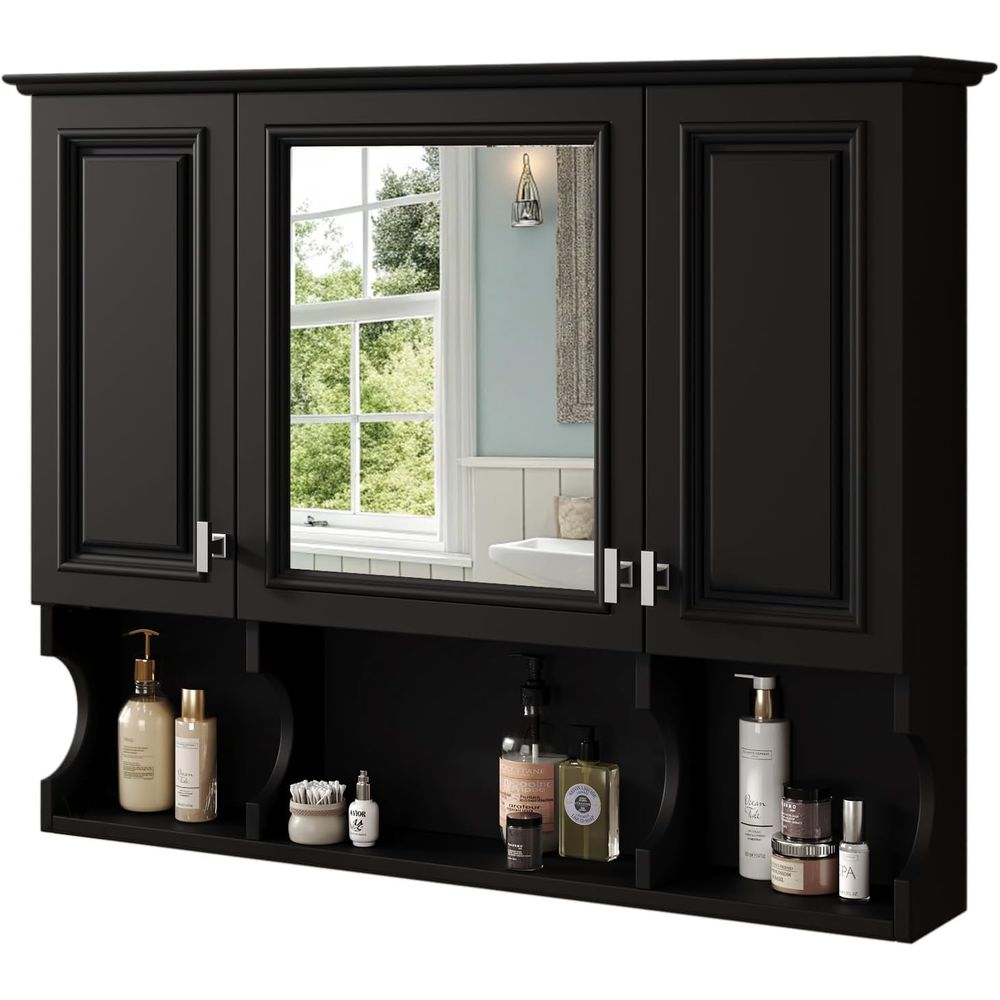 Home Bathroom Shelf - 鏡付きバスルームウォールキャビネット、調節可能な棚とオープンスペース付き壁掛け薬用キャビネット、35インチ x 28インチの鏡付きドア