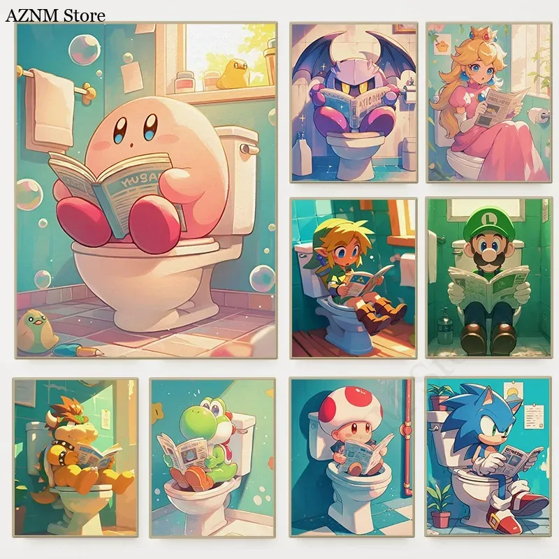 Home Bathroom Wall Art - 面白いバスルーム漫画ビデオゲームポスターかわいいアニメーションキャラクタートイレキャンバス絵画壁アートシャワールーム子供の家の装飾