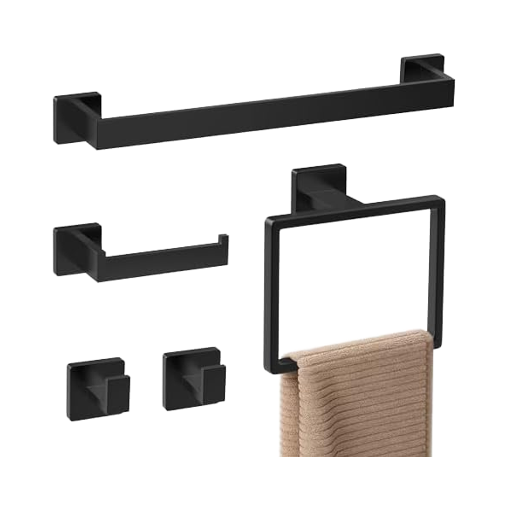 Towel Bar Stainless - マットブラックステンレススチール製エコフレンドリー壁掛けバスルームアクセサリーセット モダン5点デザイン 16インチタオルバー ローブフック