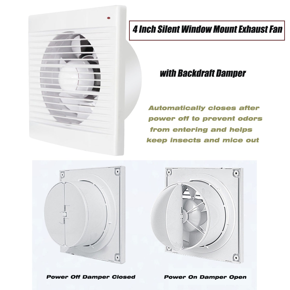Home Bathroom Ventilation - 4インチ静音窓取り付け排気ファン（逆風ダンパー付き）、浴室トイレキッチン換気扇、GB EU UKプラグ対応