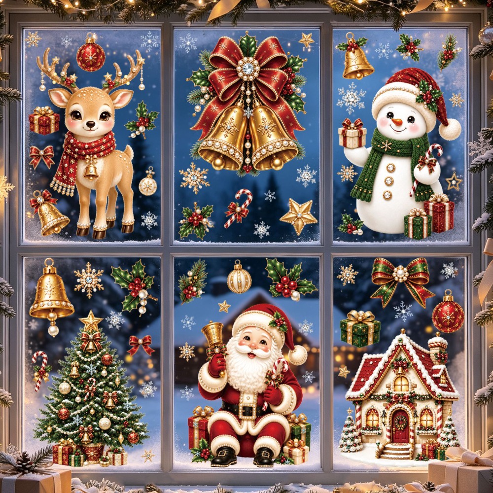 Home Bathroom Tiles - 2027年クリスマス 新しいウィンドウステッカー かわいいサンタ トナカイ 雪だるま 雪の結晶