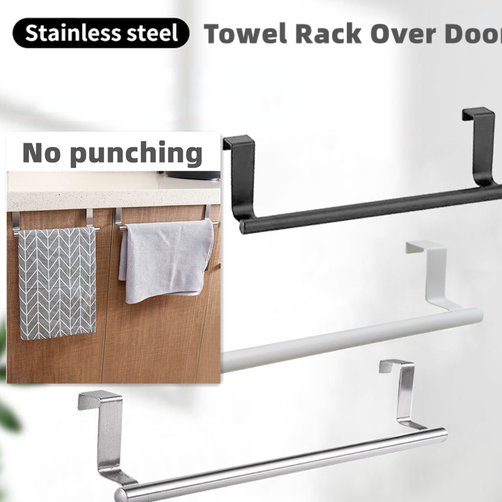 Towel Bar Stainless - 1/2 個タオルラックドアタオルバー吊りホルダーステンレス鋼の浴室キッチンキャビネット白黒タオルぼろ棚ハンガー