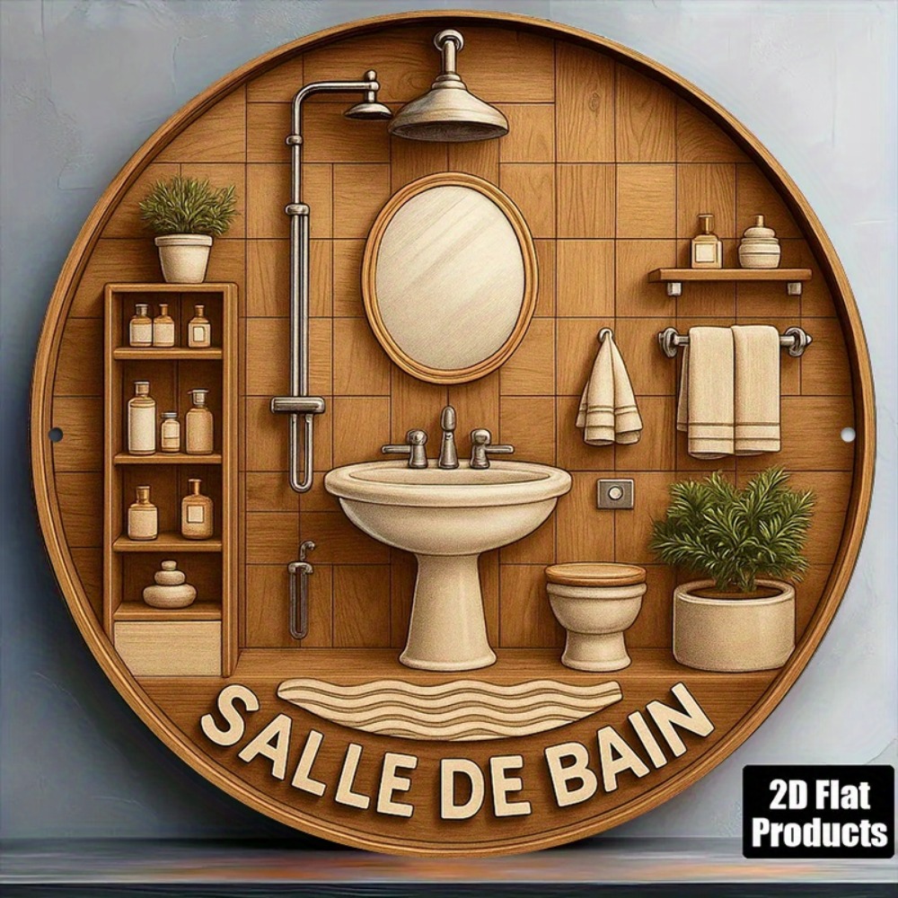 Home Bathroom Wall Art - CIFBUY レトロフレンチバスルームラウンド 8x8インチ アルミニウム ウォールアート 防水耐久性のある装飾