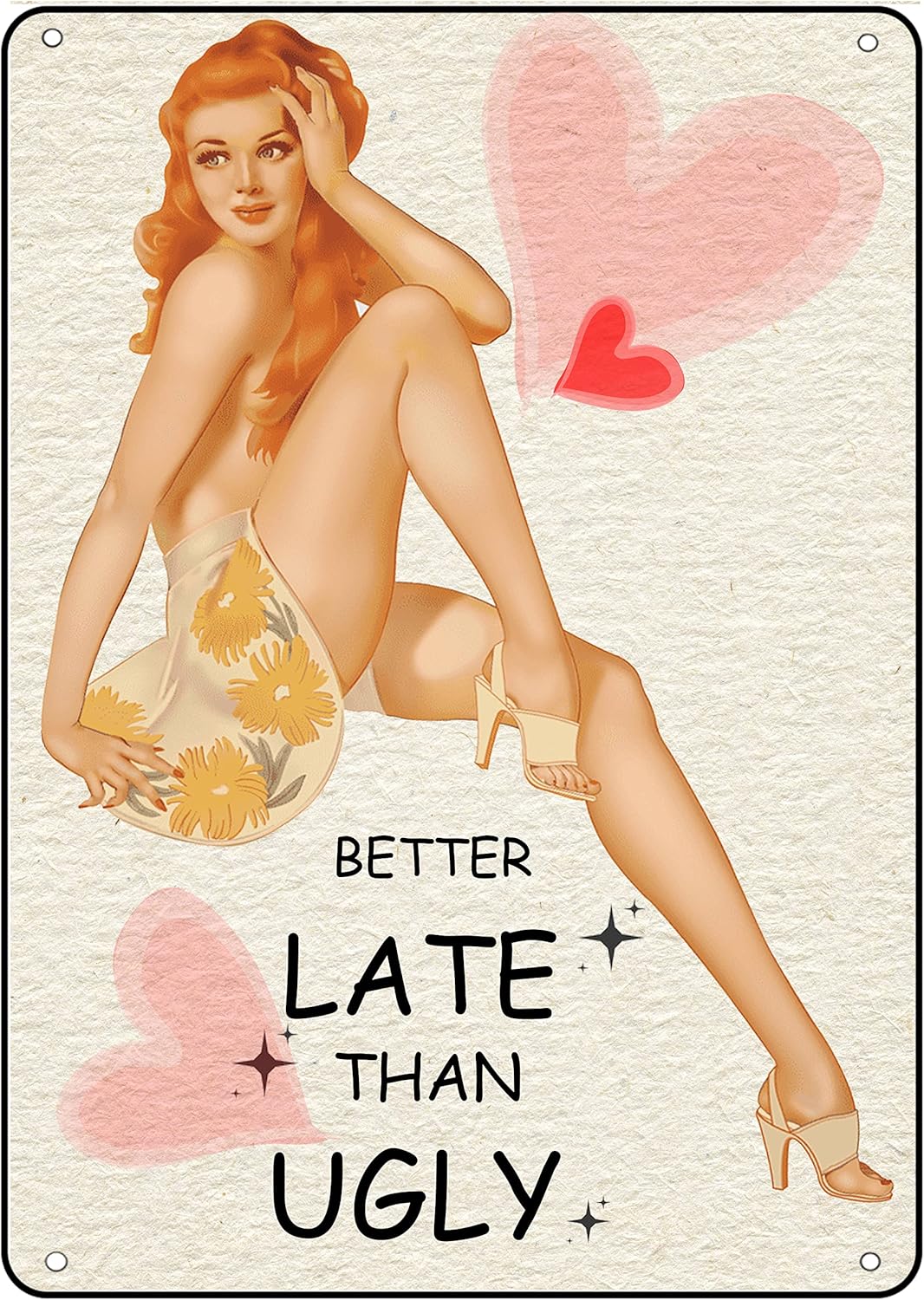 Home Bathroom Wall Art - バスルームホームピンナップガールメタルブリキ看板「Better Late Than Ugly」レトロウォールアート装飾、バスルームや寝室の装飾に