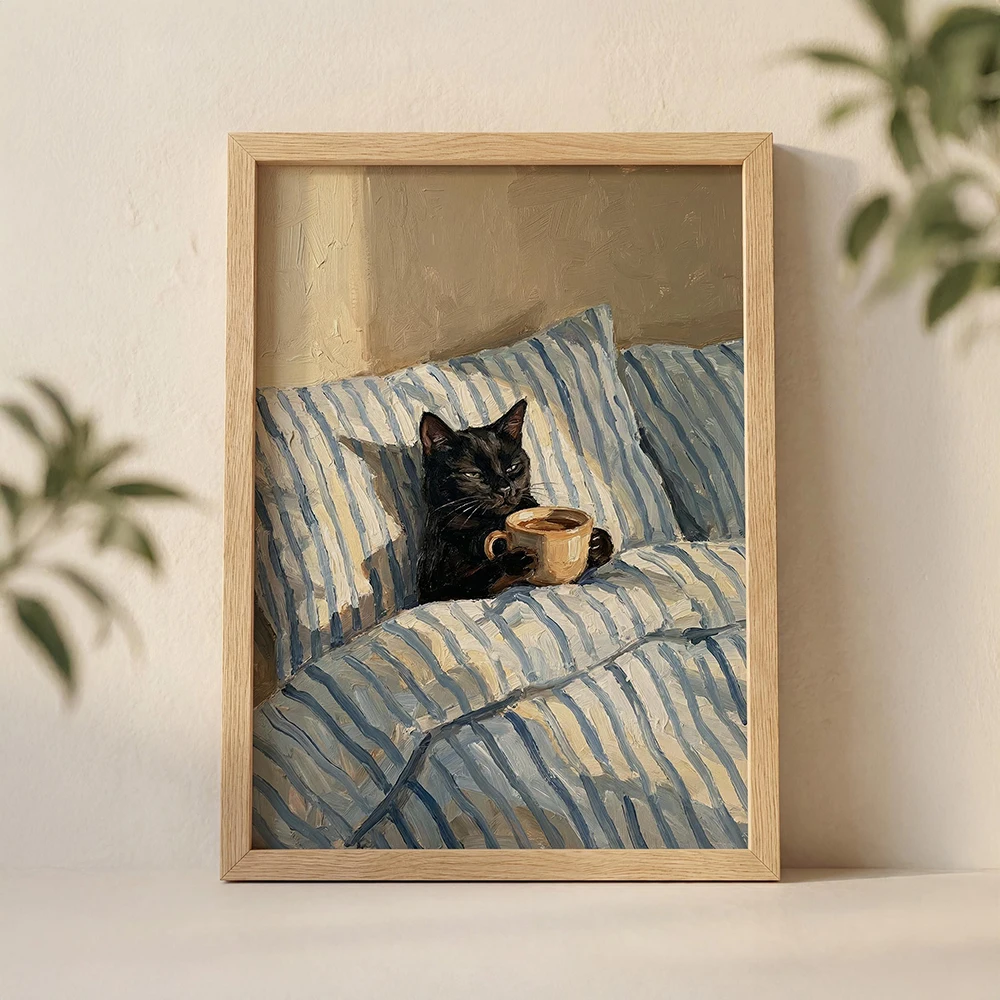 Home Bathroom Wall Art - グラフィティ黒猫プリントストリートアート面白い寝そべりワインを飲む猫ポスターカンバースペインティング壁飾りホームバスルーム壁画クアドール