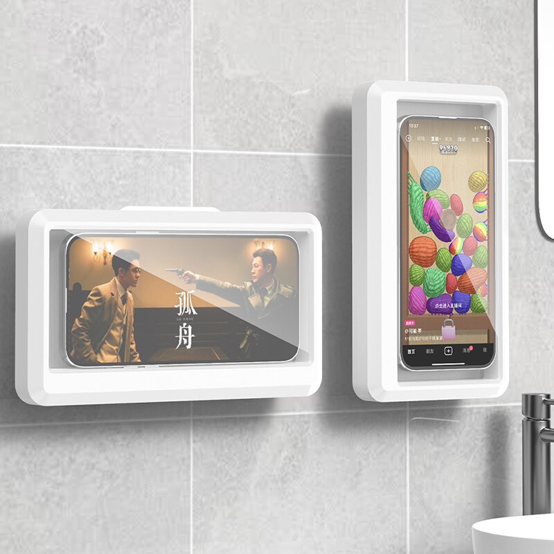 Home Bathroom - 浴室用防水スマホホルダー、壁掛け式スマホケーススタンドボックス、自己粘着式タッチスクリーンスマホブラケット、シャワー用密閉収納
