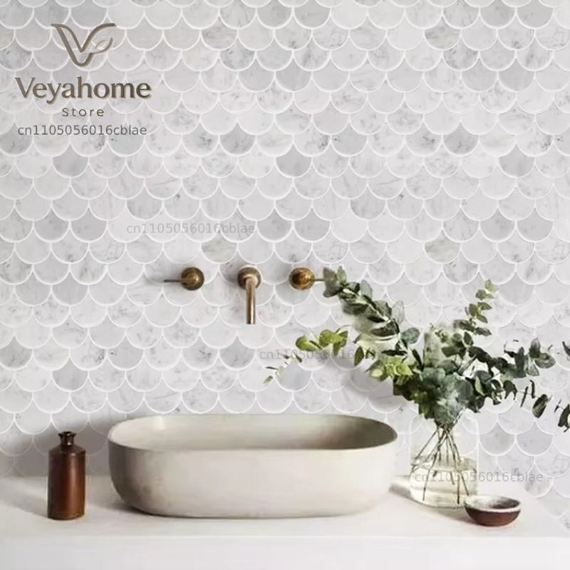 魚鱗模様の大理石モザイクタイル（バスルームとキッチン用）-  - Home Bathroom Tiles のレビューと価格