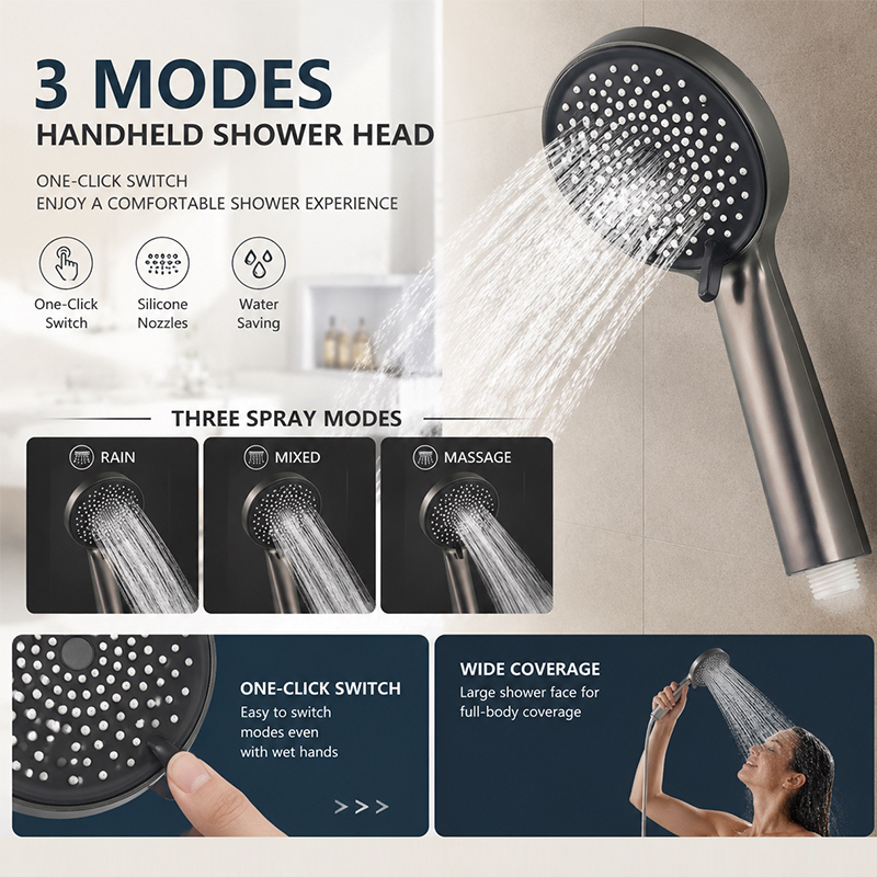 3モードハンドヘルドシャワーヘッド、高圧オーバーヘッドレイン - Home Bathroom Spa のレビューと価格