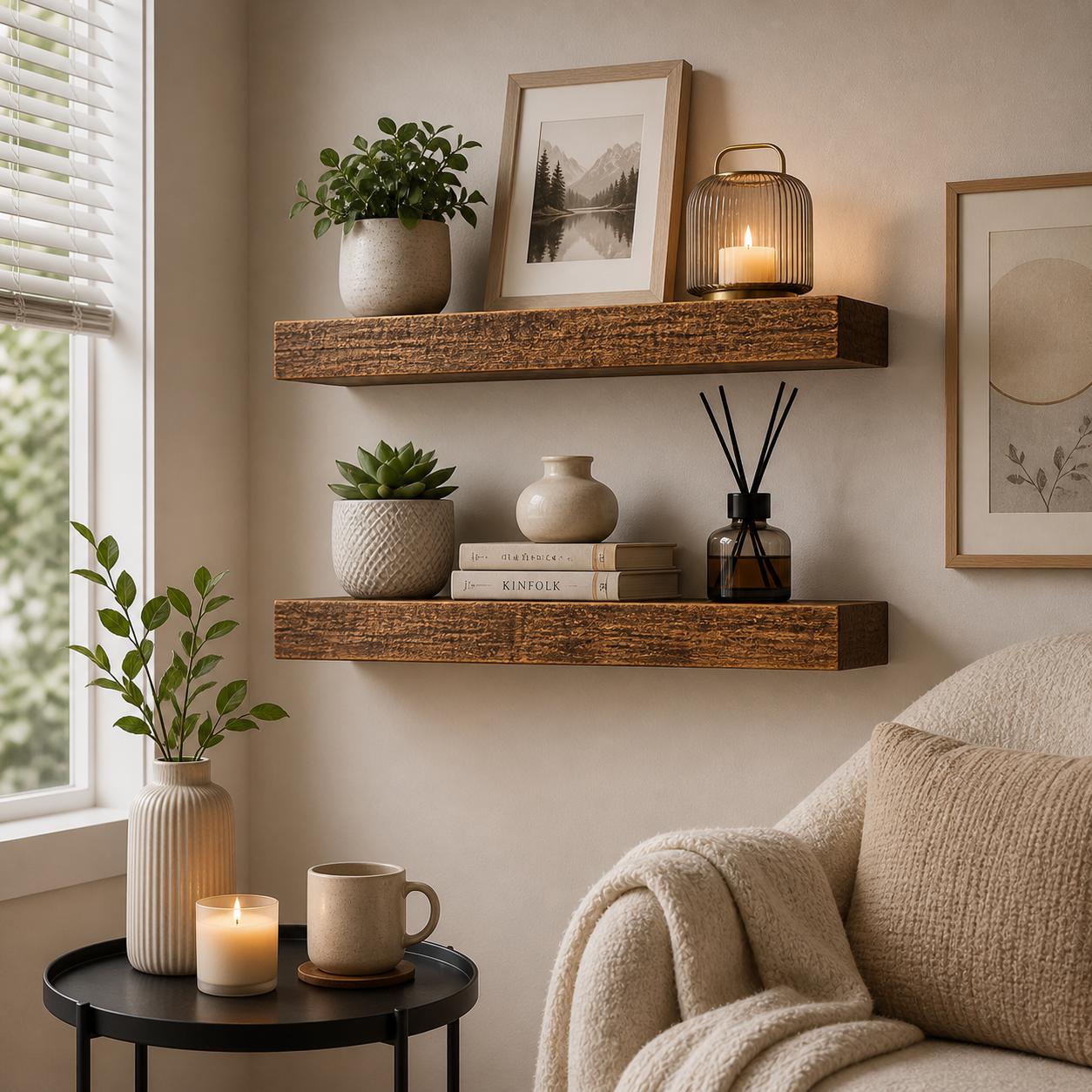 2個セット 素朴な木製フローティングシェルフ 壁掛け収納ラッ - Home Bathroom Shelf のレビューと価格