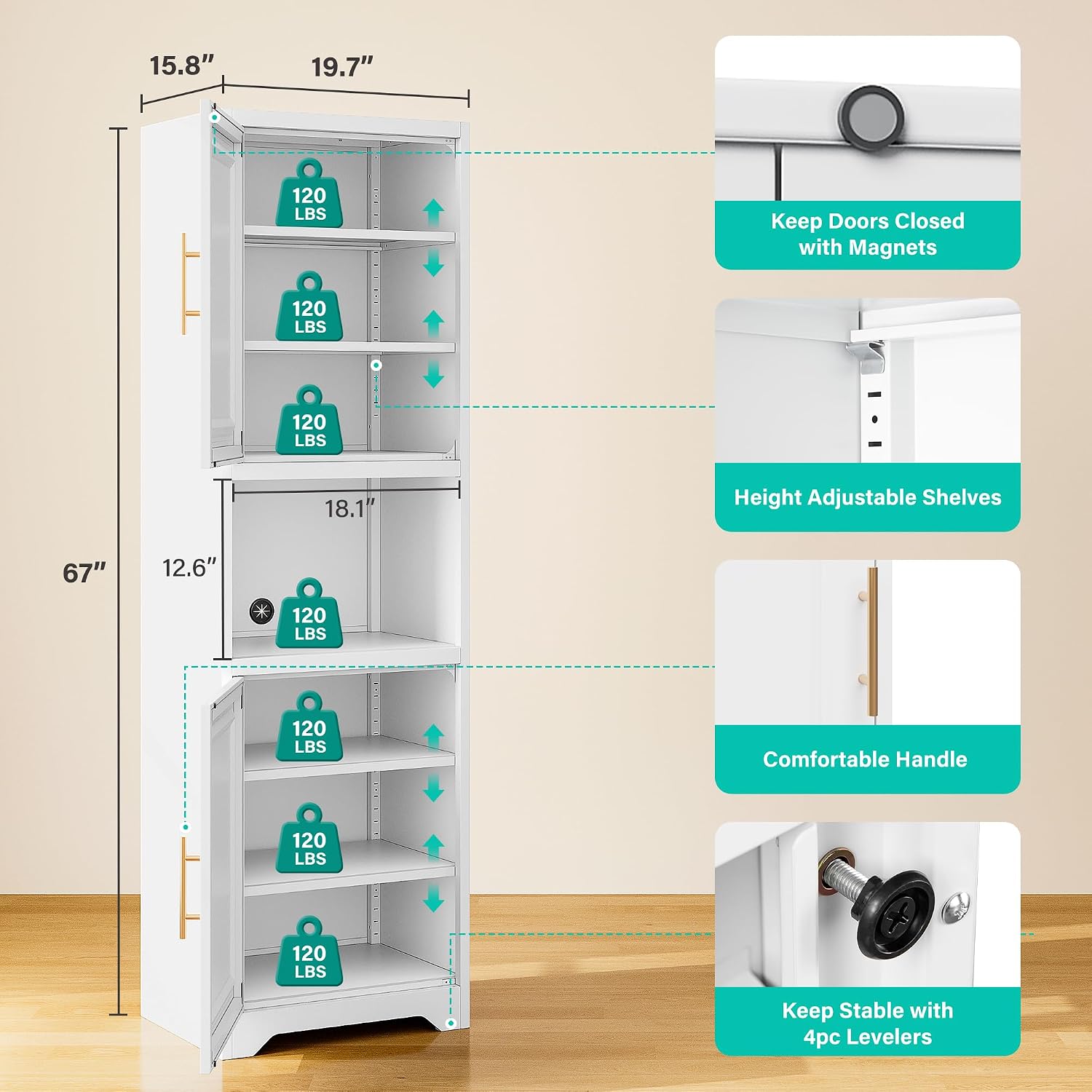 高さ67インチのスリムな収納キャビネット、2つの扉と7つの棚 - Home Bathroom Shelf のレビューと価格