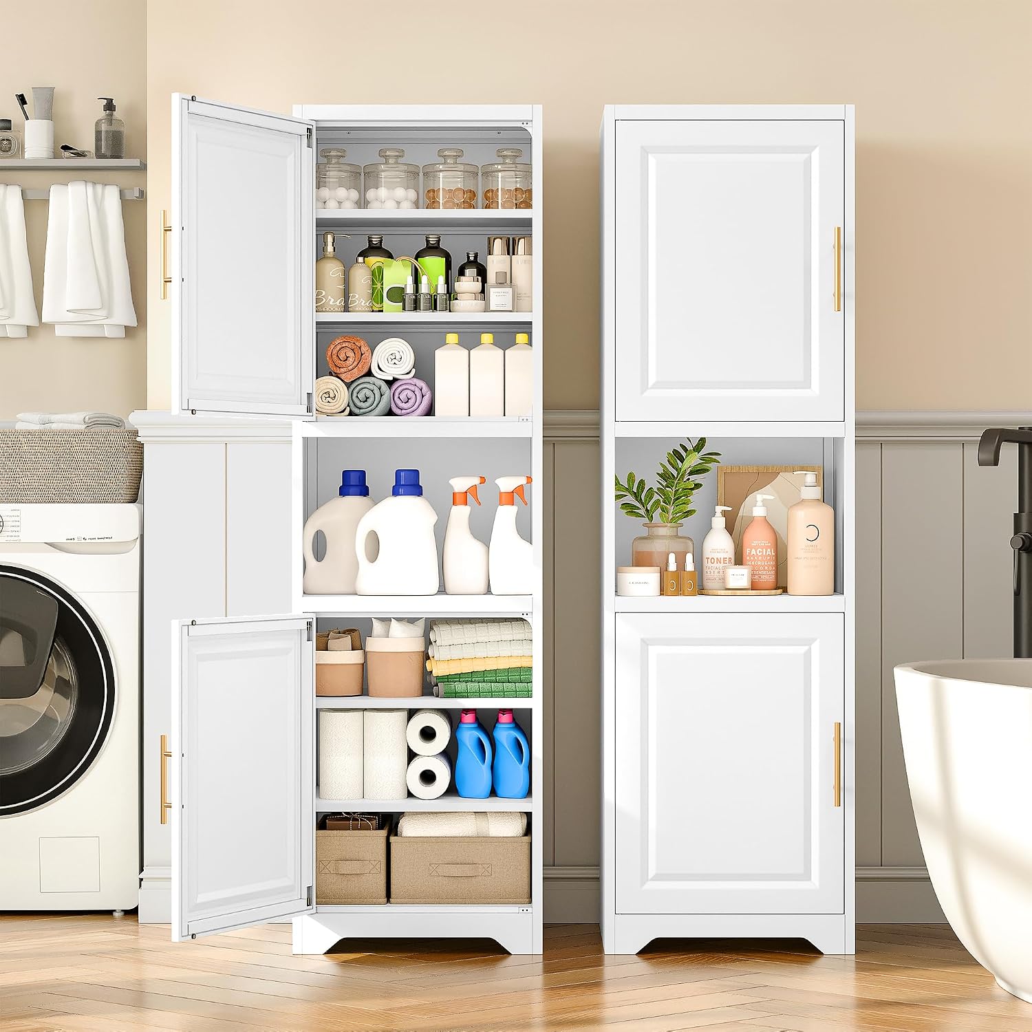 高さ67インチのスリムな収納キャビネット、2つの扉と7つの棚 - Home Bathroom Shelf のレビューと価格