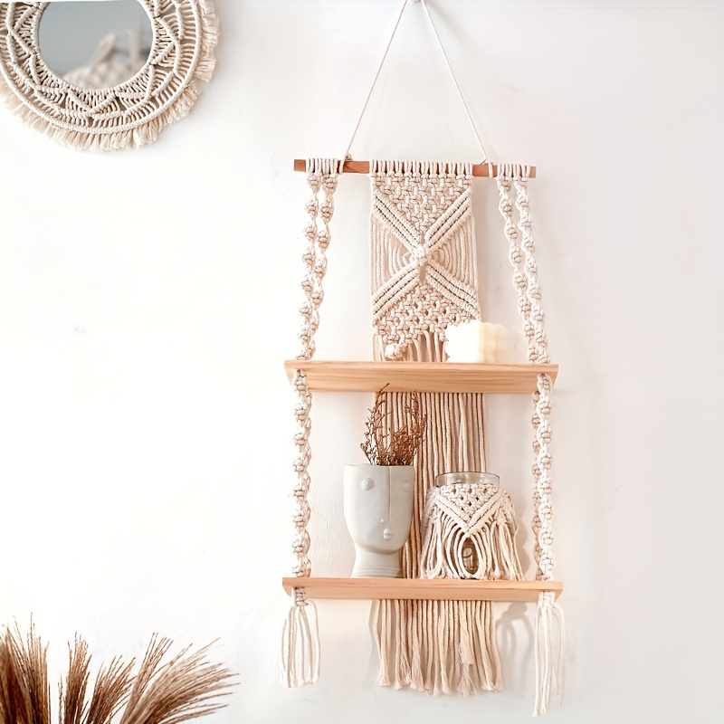 ボヘミアン手作りマクラメ織りウォールハンギング、2段フローテ - Home Bathroom Shelf のレビューと価格
